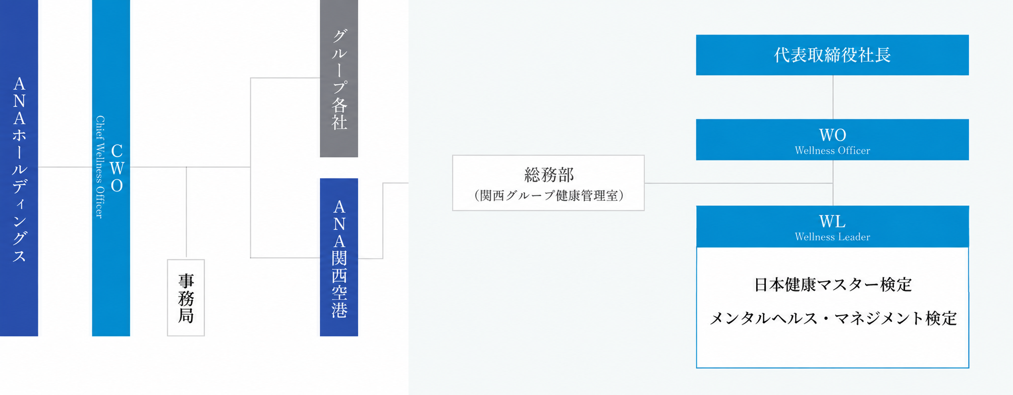 健康経営推進体制。WLの資格は日本健康マスター検定とメンタルヘルス・マネジメント検定
